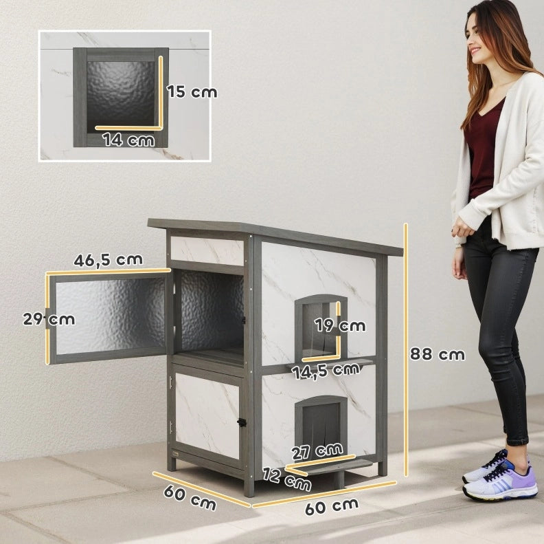 Casetta per gatti da esterno 60x60x88 cm a due livelli in legno bianco e grigio