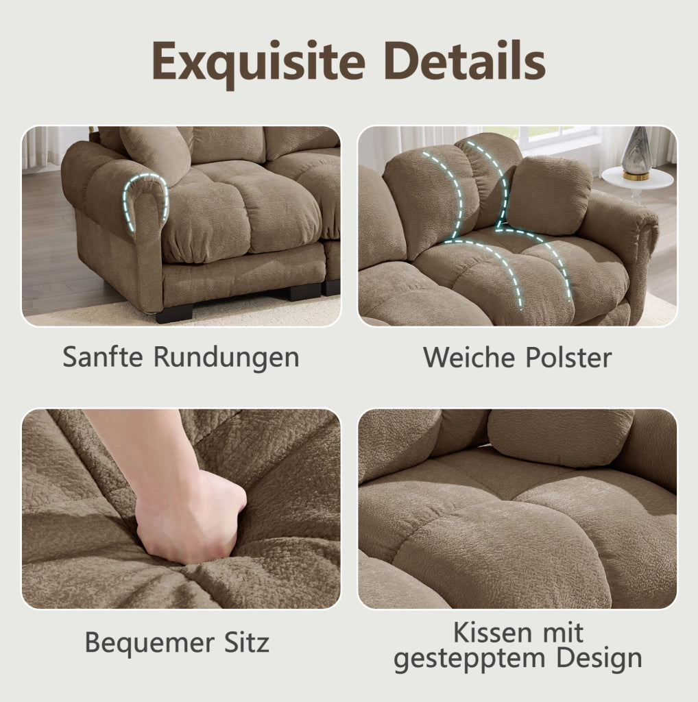 Divano a 3 posti a U in tessuto chenille marrone con pouf mobile e 2 cuscini decorativi