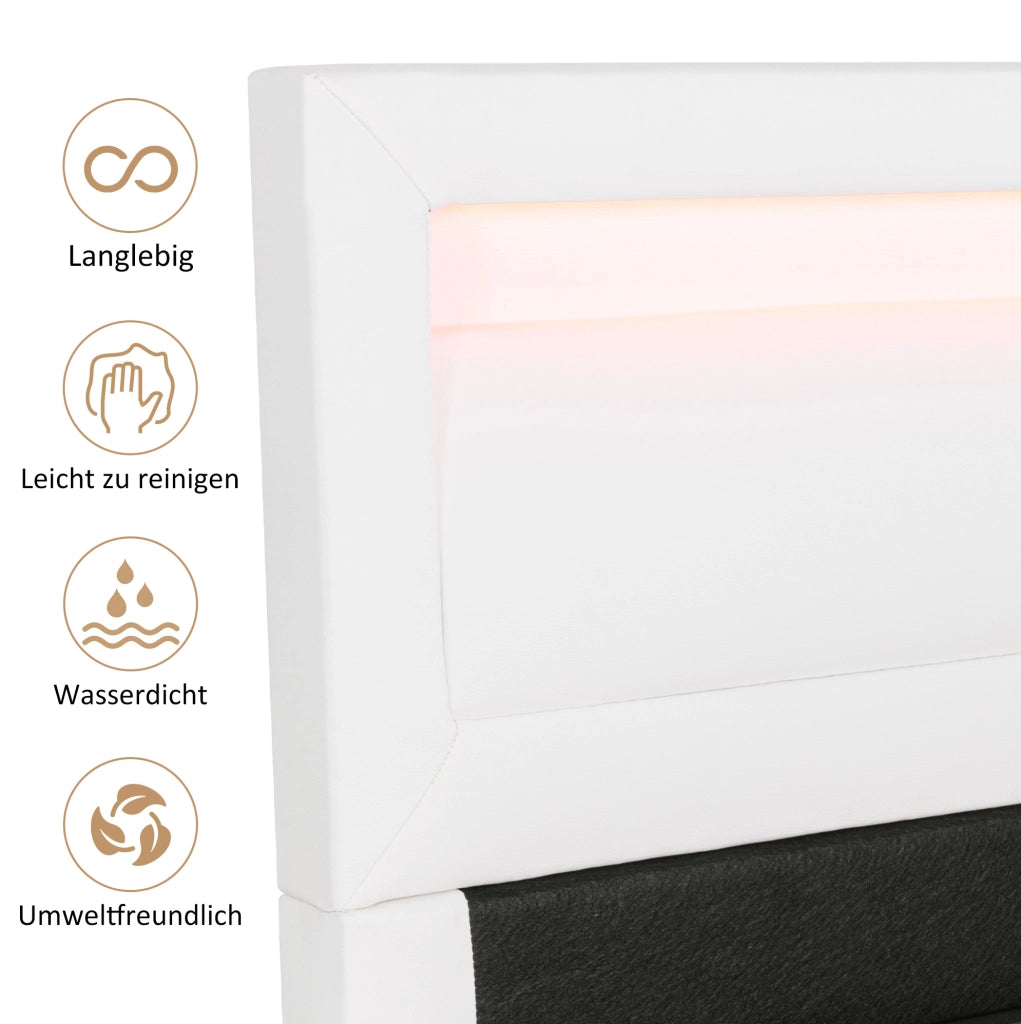 Letto imbottito 140x200 cm con LED, rete e vano contenitore