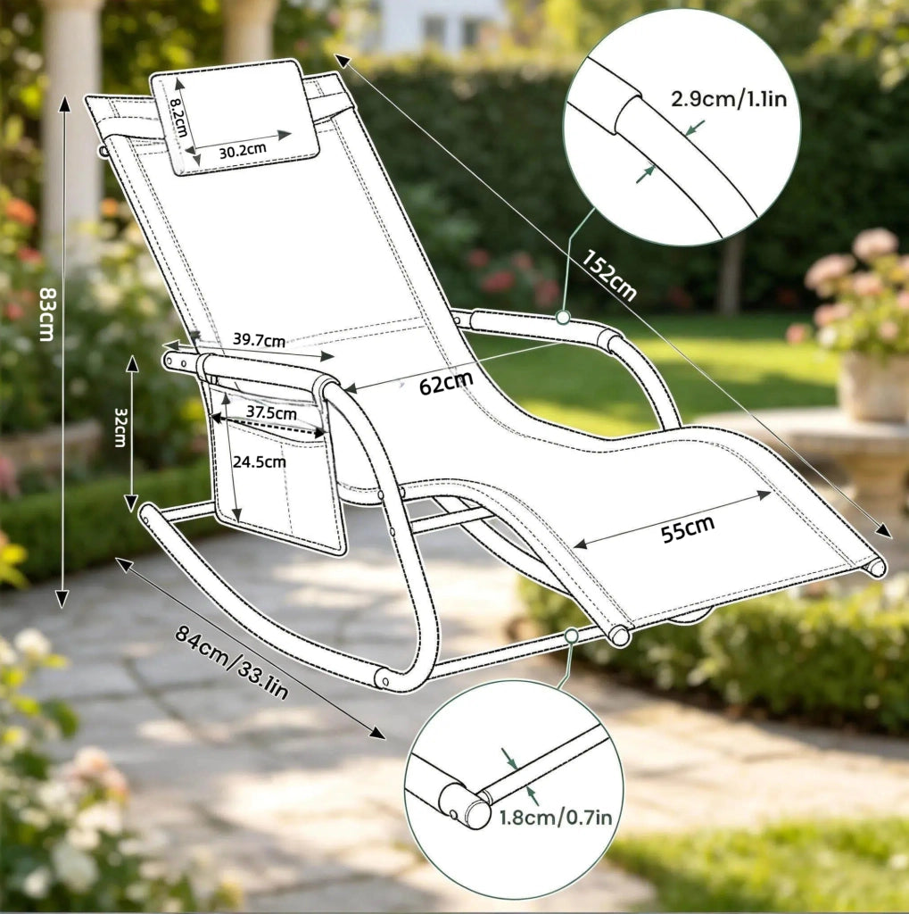 Sdraio da Giardino con Tasche Laterale e Struttura in Metallo, 152x83x62 cm, Colore Grigio