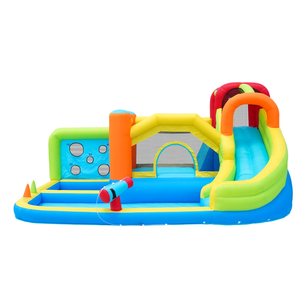 Castello gonfiabile con scivolo; trampolino e parete giochi in tessuto Oxford blu