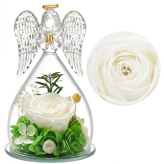Angelo di Vetro con Fiori Perenni, Fiori Conservati, Regalo per Donna, Giorno della Mamma, Compleanno della Mamma, Nonna, Amica (Bianco)