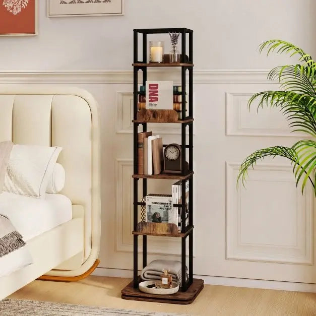 Libreria Girevole a 360° a 5 Ripiani Scaffale a Colonna Salvaspazio con Telaio in Metallo per Casa e Ufficio Marrone