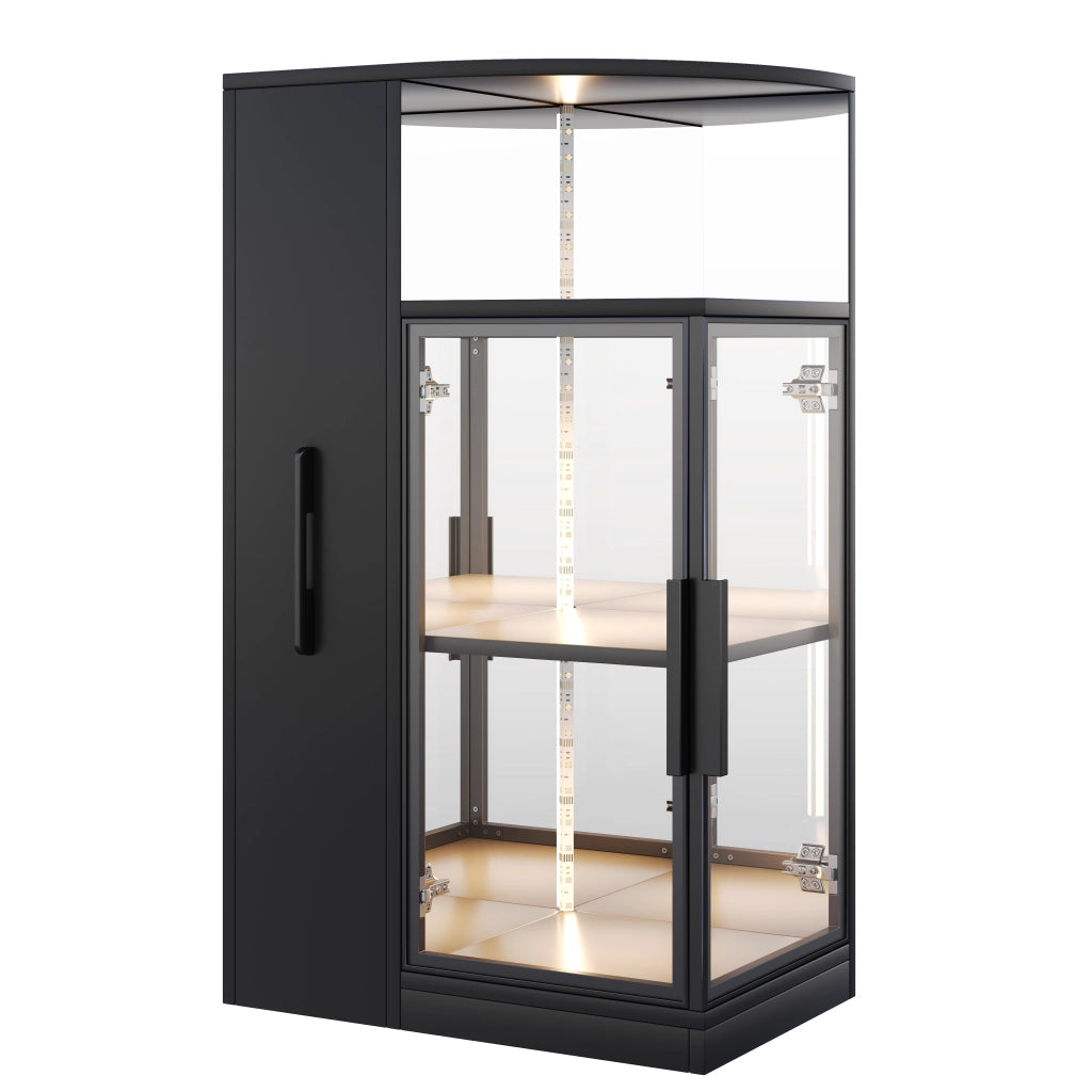 Vetrina con mobile estraibile, vetro di sicurezza e LED multicolore per soggiorno e cucina, nero, 64 × 42 × 112 cm