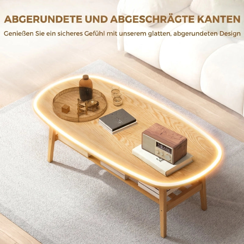 Tavolino basso fisso ovale per soggiorno con ripiano inferiore e finitura legno naturale 120 × 60 × 42 cm