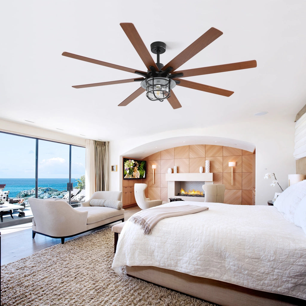 Ventilatore da soffitto nero con 8 pale in MDF, lampada E27 e motore DC reversibile