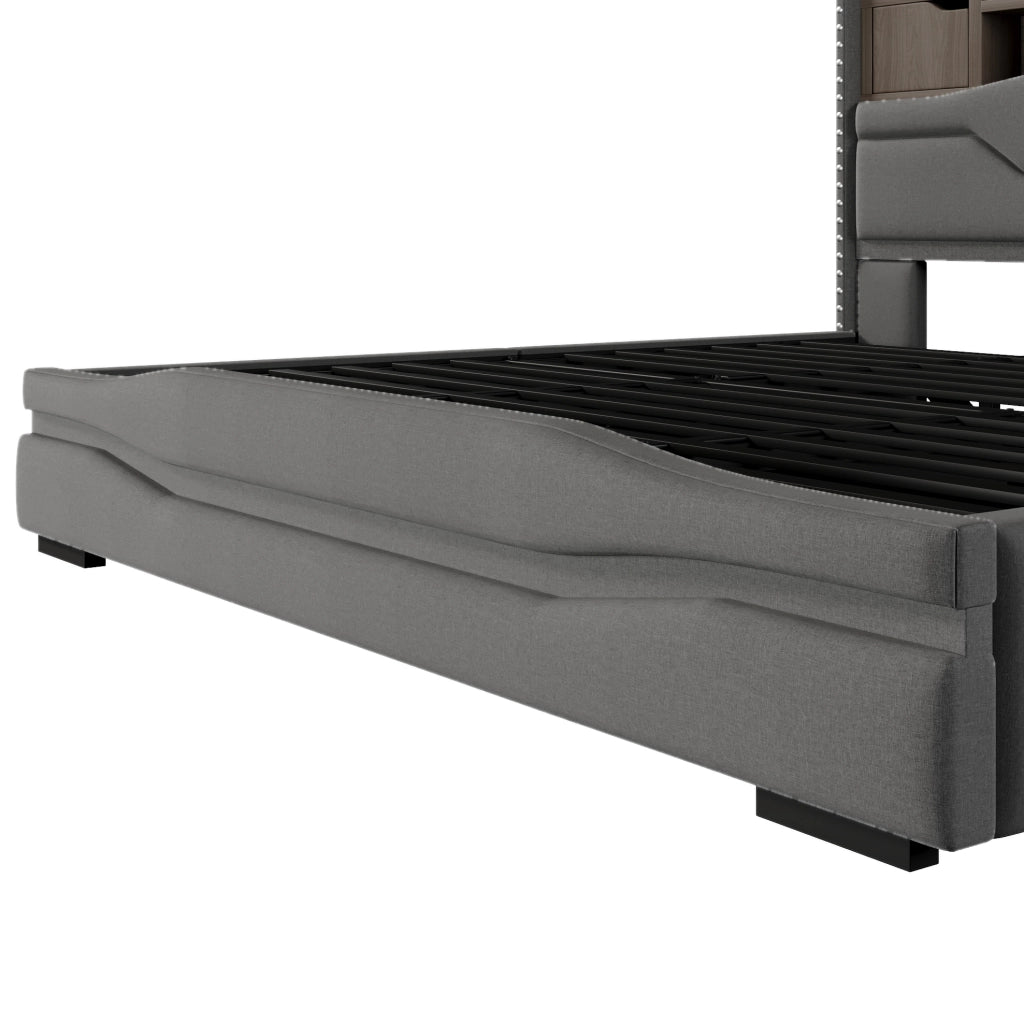 Letto matrimoniale contenitore 180x200 cm in lino grigio con LED e ricarica USB-C HOMVRA