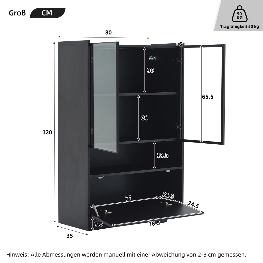Vetrina LED con ante in vetro temprato e vano a ribalta, mobile contenitore per soggiorno, nero, 80 × 35 × 120 cm