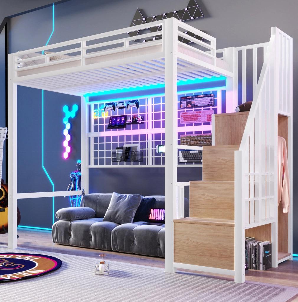 Letto a soppalco 90x200 cm con struttura in ferro, armadio con scala contenitore, griglia appendiabiti, luci LED a 7 colori, bianco, senza materasso