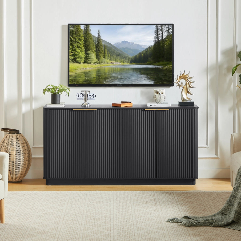 Madia a 4 ante con superficie ondulata in MDF nero e maniglie dorate con ripiano centrale 160 × 40 × 80 cm