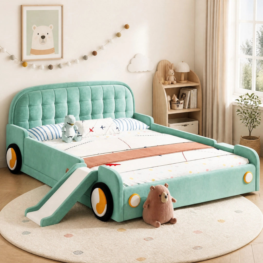 Letto per bambini a forma di auto con scivolo e scala 140x200 cm in velluto blu verde