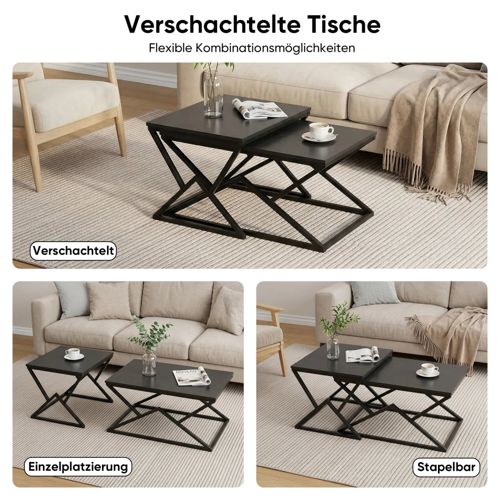 Tavolino basso fisso geometrico con struttura incrociata in ferro e piano in pannello di particelle nero 80 × 50 × 40 cm