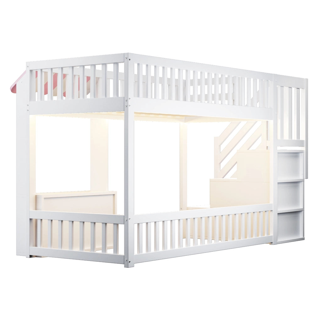 Letto a soppalco singolo 90x200 cm con scala contenitore e luce LED; rosa e bianco