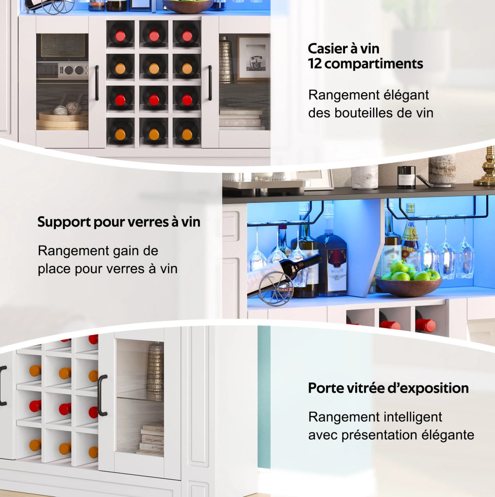 Mobile bar per vini 120x35x84 cm con LED RGB; portabicchieri e 12 vani; MDF bianco