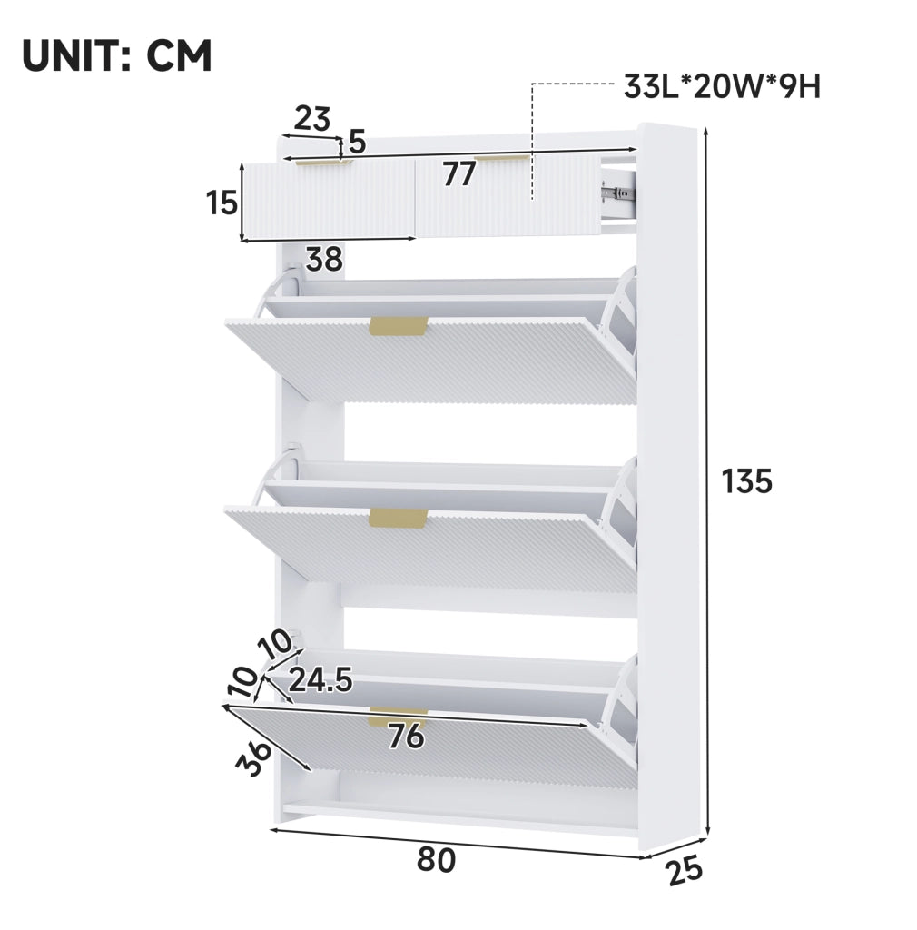 Scarpiera slim con 3 ante a ribalta e 2 cassetti; 80 ¡Á 25 ¡Á 135 cm; truciolare bianco