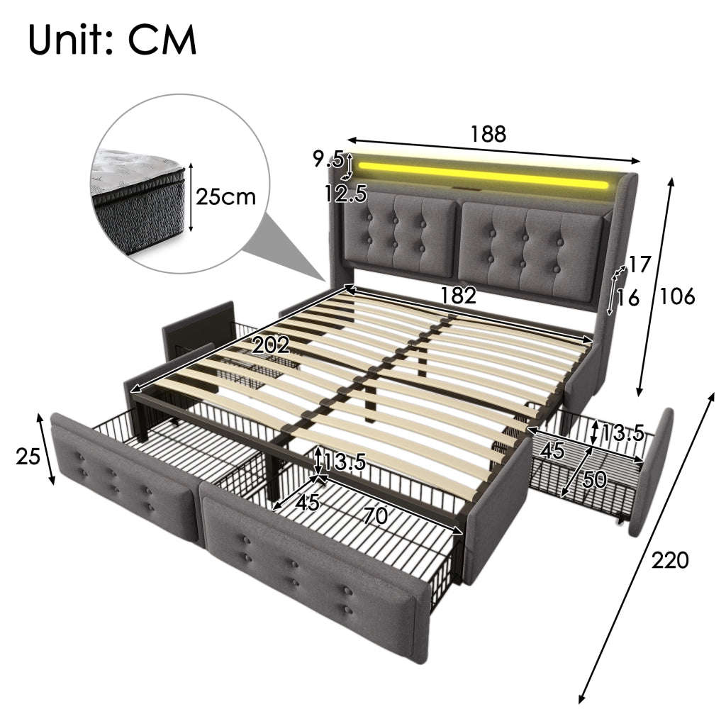 Letto con Cassetti 180 x 200 cm; Letto Matrimoniale - LED; USB e Type-C - Grigio