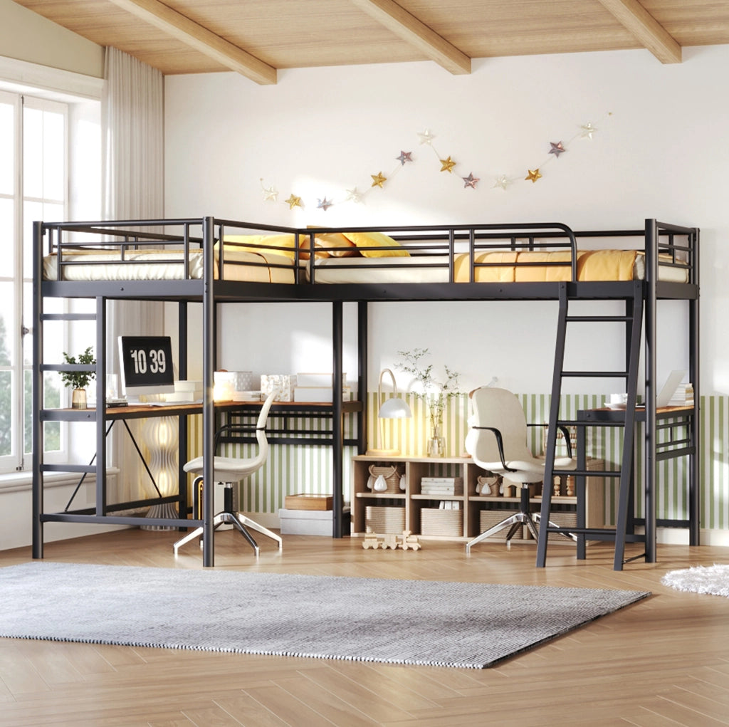 Letto a soppalco 90 x 200 cm con scrivania; scala doppia e parapetto alto; ferro e MDF; nero