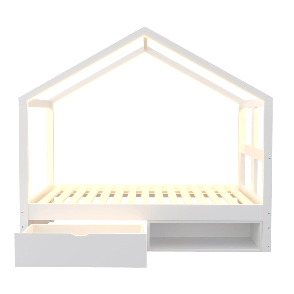 Letto singolo a casetta 90x190 cm bianco con cassetti; scarpiera e LED multicolore