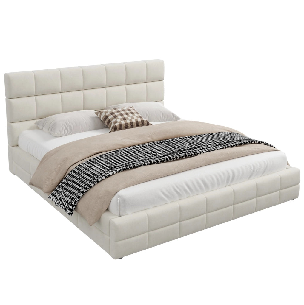 Letto a piattaforma 180x200 cm in velluto beige con testiera, per camera, senza materasso –