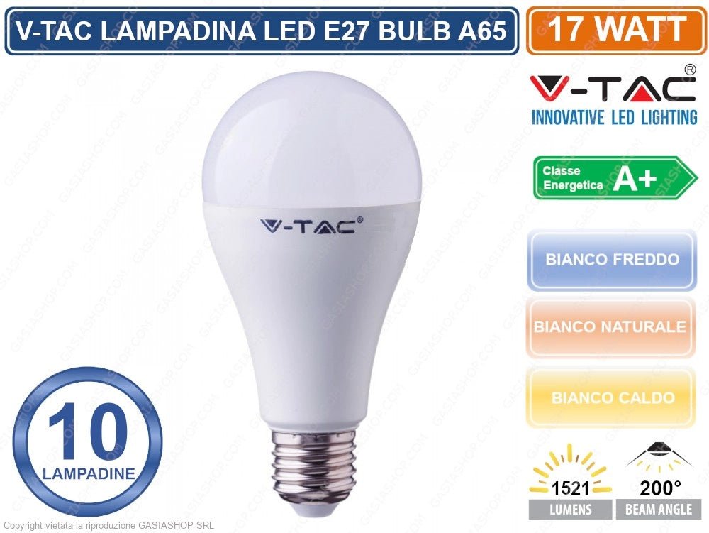 KIT 10 V-TAC VT-2017 LAMPADINA LED E27 17W BULB A65 - Colore Luce:Bianco Caldo