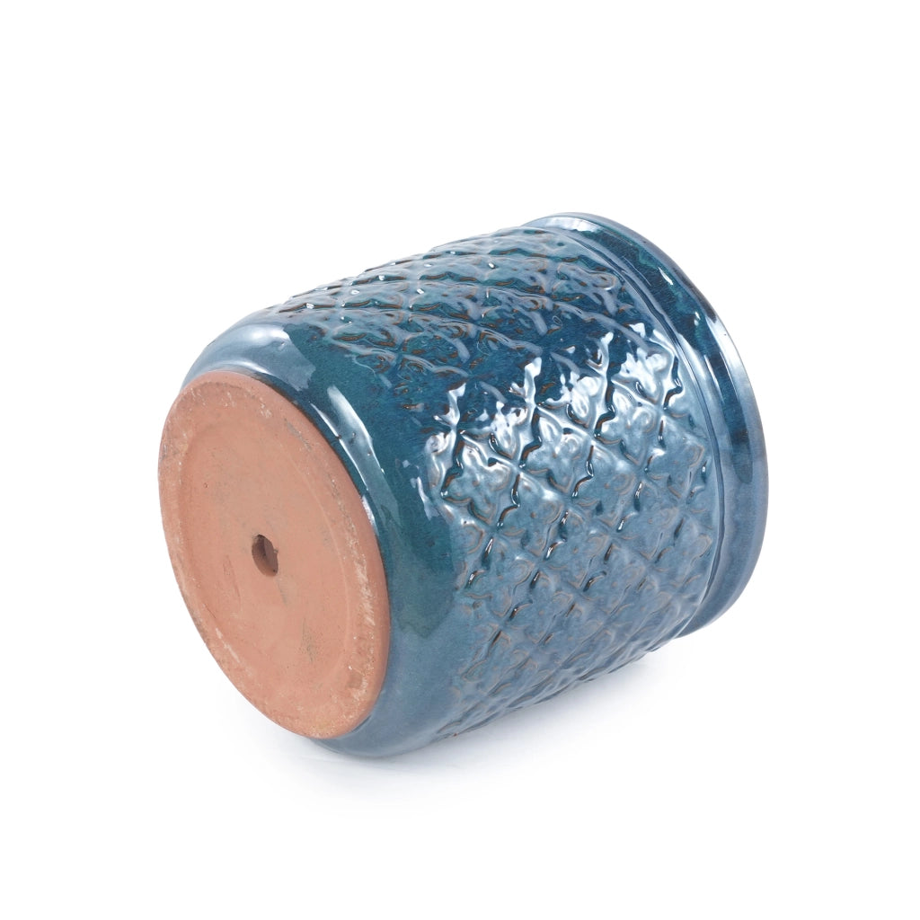 Vaso in ceramica set di 3 con rilievo a rombi blu navy e fori di drenaggio per interni e spazi esterni coperti