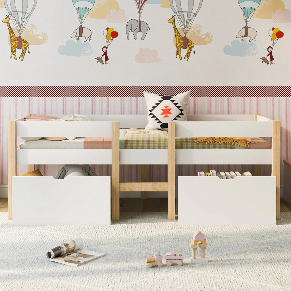 Letto semi-alto per bambini in pino massello; 90x190 cm; bianco; con scala e 2 cassetti