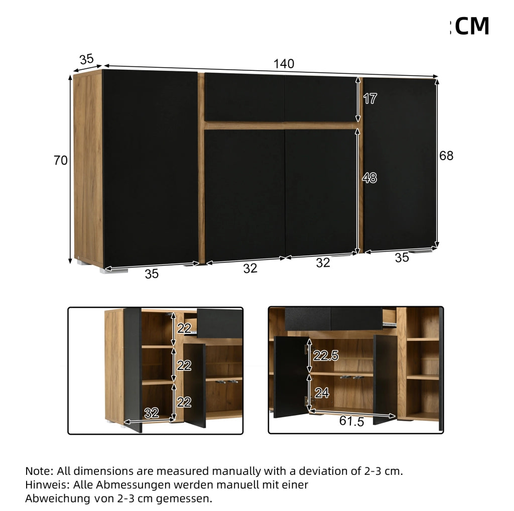 Sideboard in MDF 140x35x70 cm con 4 porte e 2 cassetti, design moderno nero e legno naturale