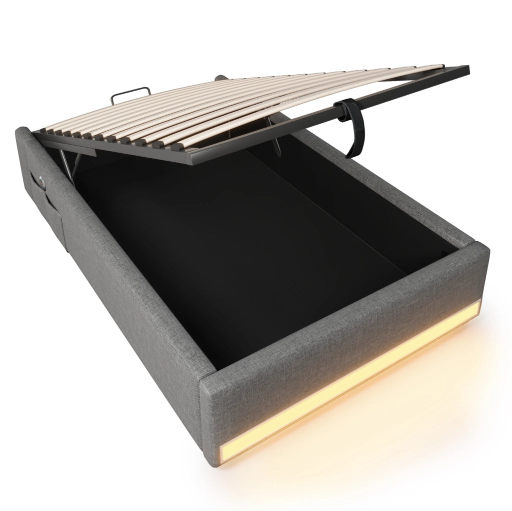 Letto imbottito 90x200 cm con LED, USB e USB-C in lino e MDF grigio