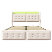 Letto contenitore 140x200 cm beige in tessuto misto cotone e lino con vano sotto la rete; LED; USB e USB-C