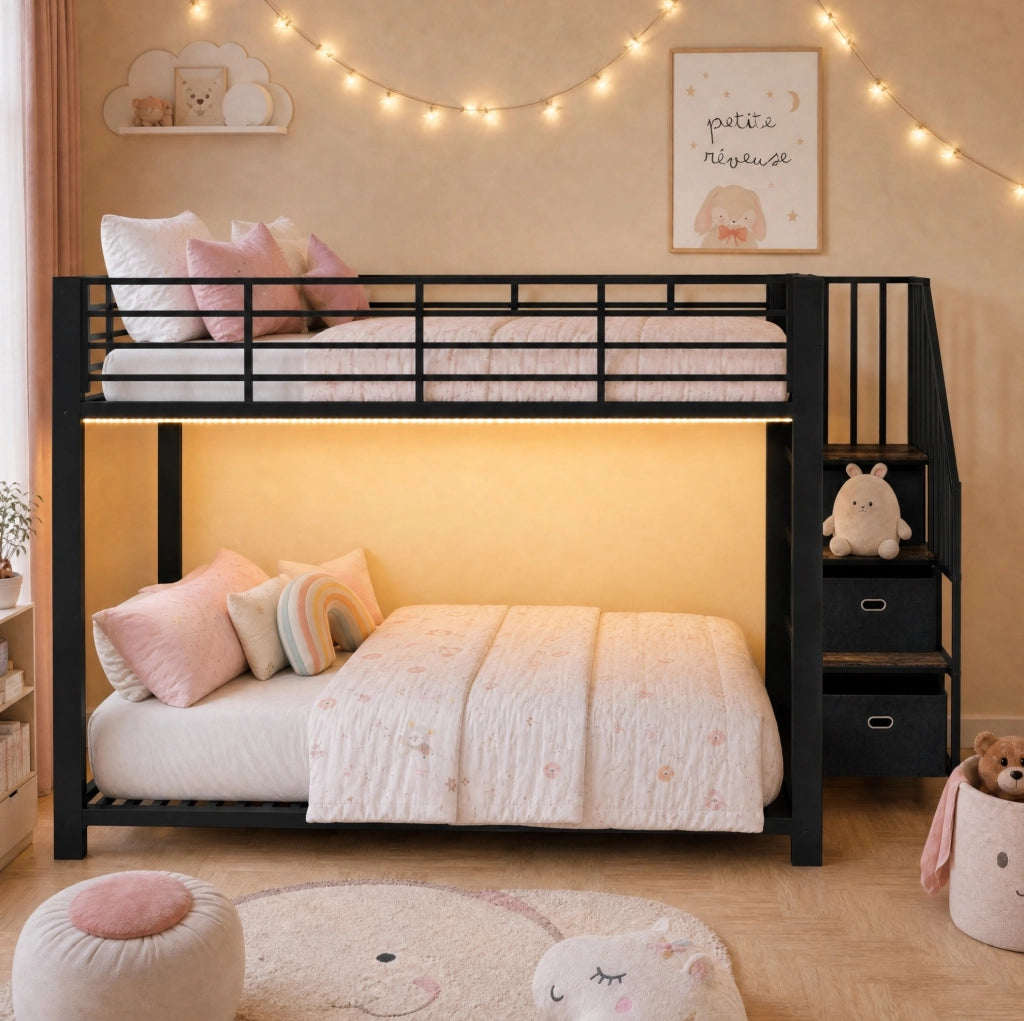 Letto a castello in metallo 140x200 cm con scala reversibile, contenitori, illuminazione LED e prese USB, colore nero