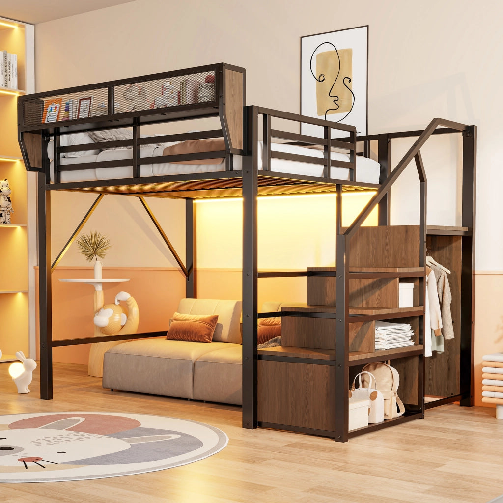 Letto a soppalco 140x200 cm con LED multicolore; scala di sicurezza e ripiani flessibili; metallo nero