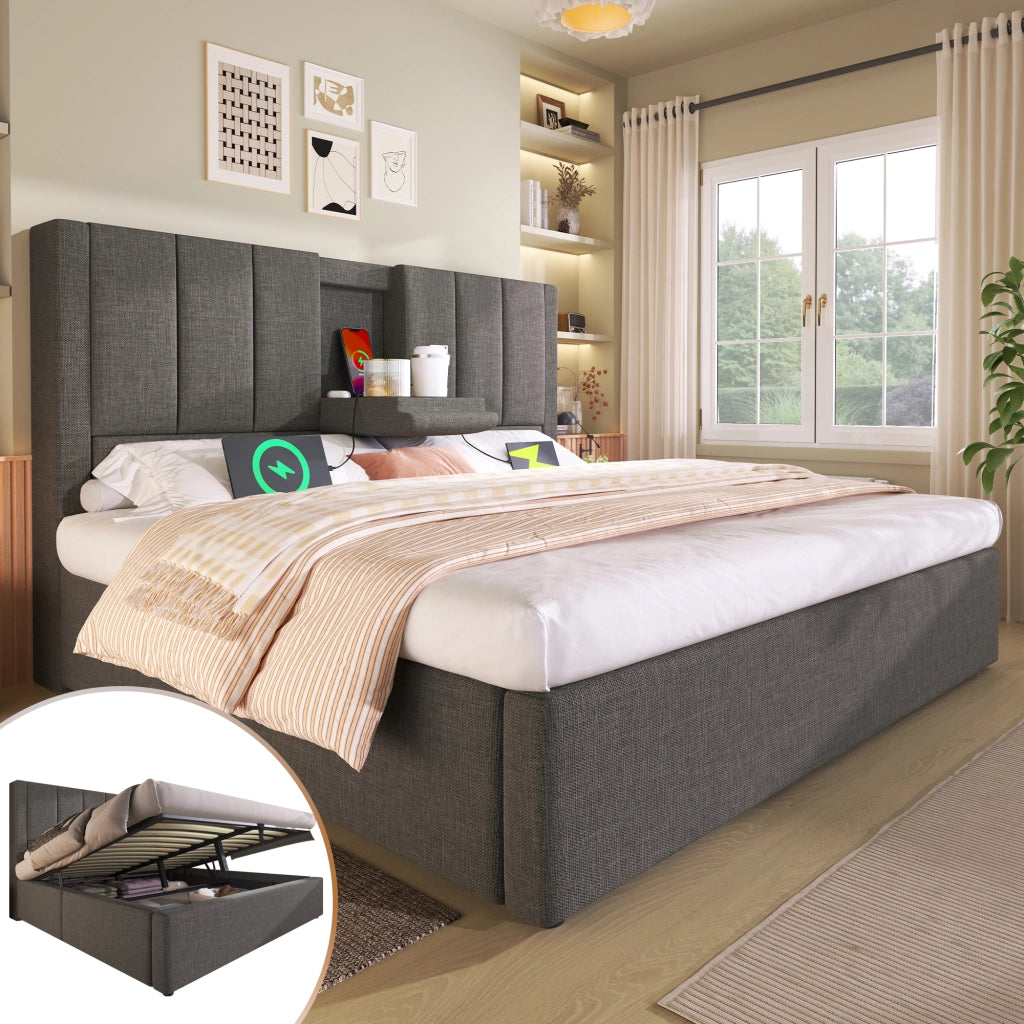 Letto contenitore matrimoniale 140×190 cm con portabicchieri; USB e porta di ricarica; senza materasso; in lino grigio