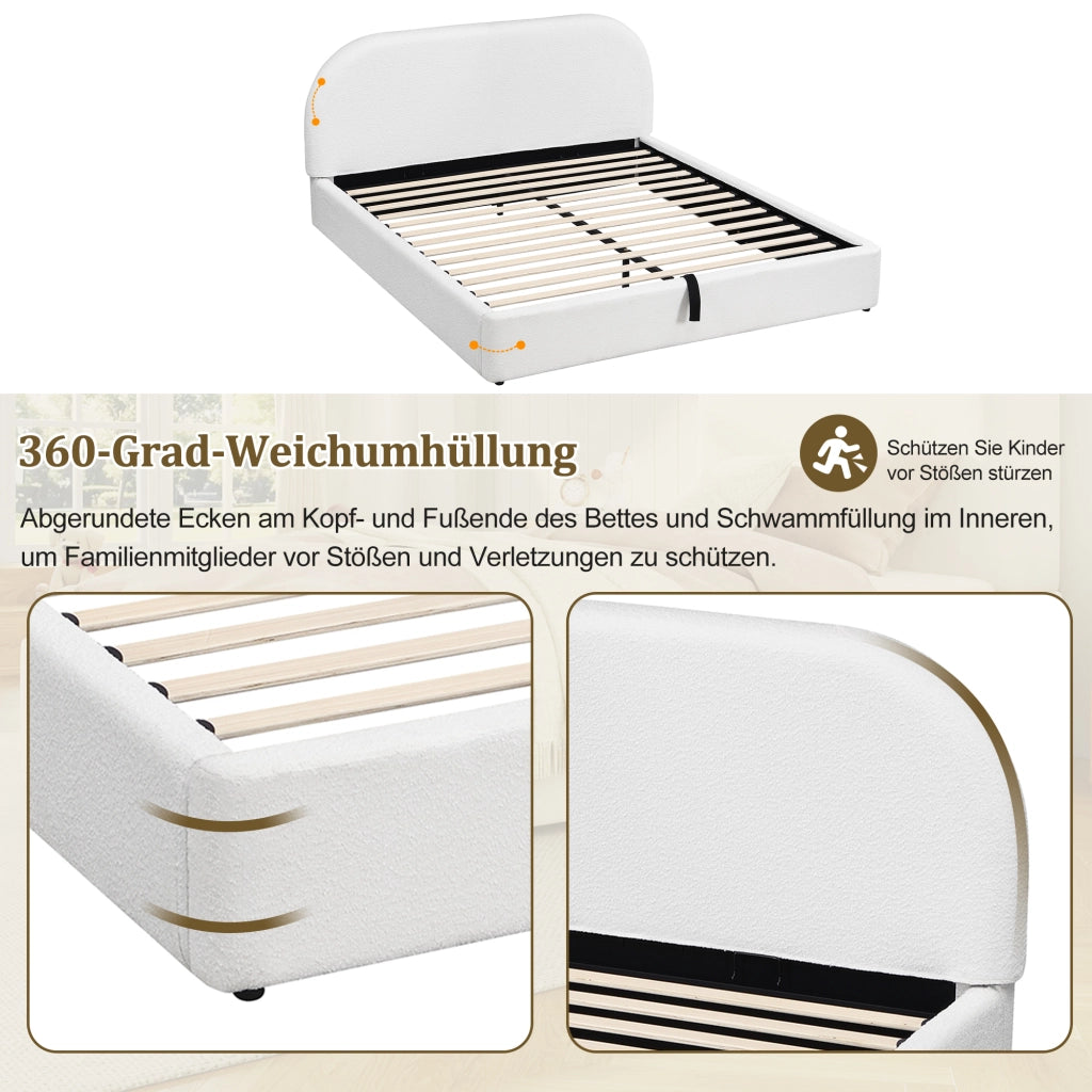 Letto matrimoniale imbottito con contenitore idraulico rete a doghe testiera in boucl¨¦ beige lavabile