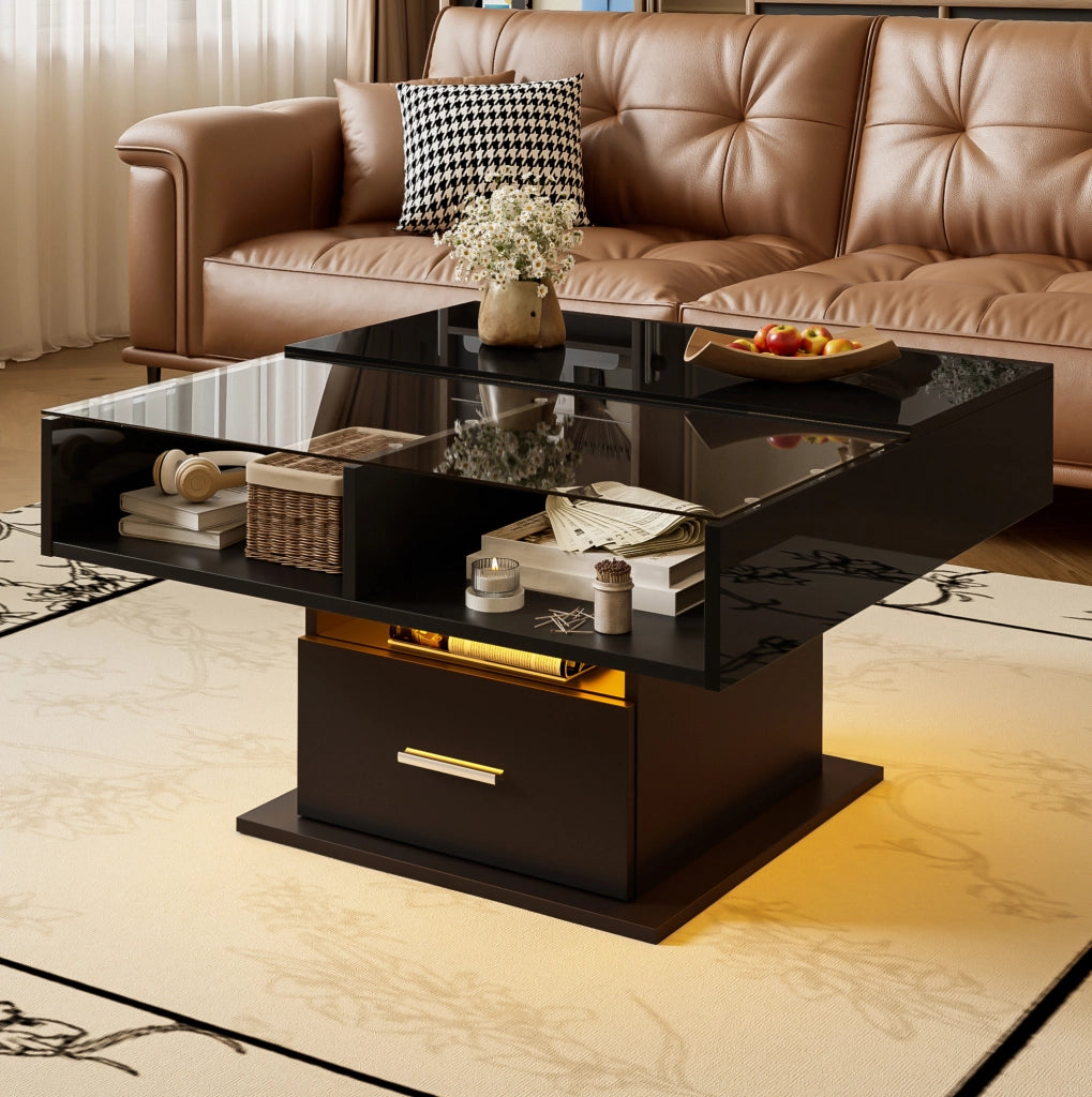 Tavolino da caffè 78x78x45.5/59.5 cm; sollevabile con LED e vano contenitore; truciolare; nero