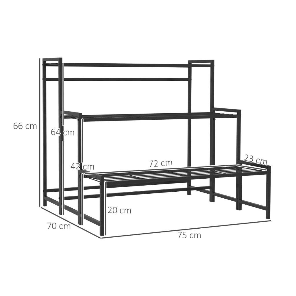 Portapiante a 3 livelli in metallo nero con ripiani a griglia per interni ed esterni 75 × 70 × 66 cm