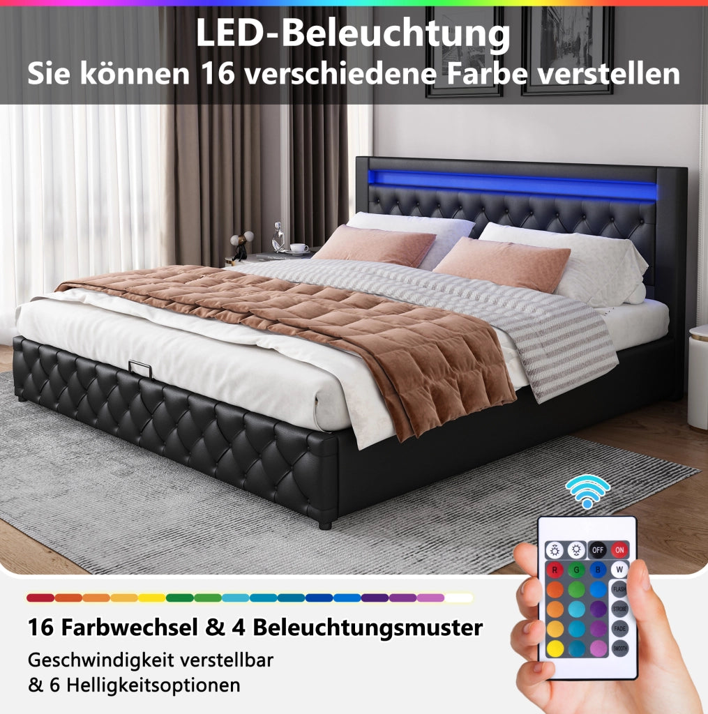 Letto matrimoniale 140x200 cm con contenitore e LED; rivestimento in PU nero
