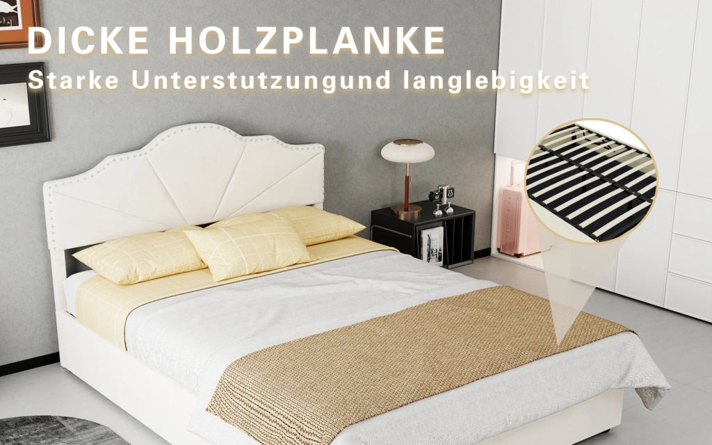 Letto moderno beige 140x200 cm con testiera imbottita e contenitore con pistoni idraulici, struttura in legno multifunzionale senza materasso