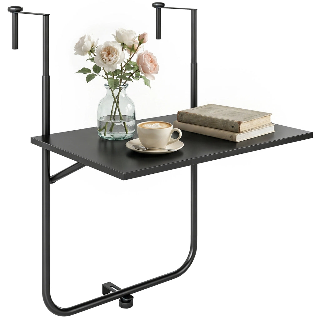 Tavolo da balcone per ringhiera 6-15cm, regolabile e pieghevole, in metallo antiruggine nero, 62x60x85,5cm