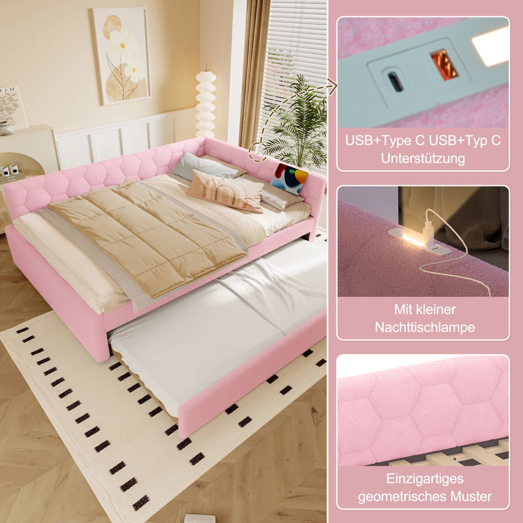 Letto con letto estraibile 140 × 200 cm con rete a doghe USB Type-C luce da comodino rosa