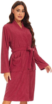 Badjas per donna in tessuto di cotone leggero per uso sauna, colore vino