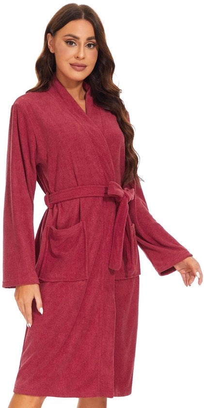 Badjas per donna in tessuto di cotone leggero per uso sauna, colore vino