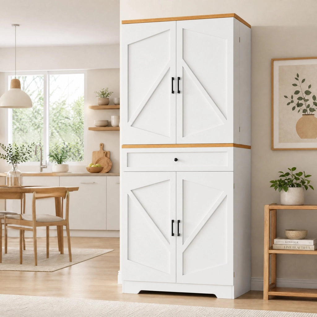Mobile colonna da cucina con ripiani snack aperti cassetti e maniglie in metallo MDF bianco 80 × 40 × 180 cm