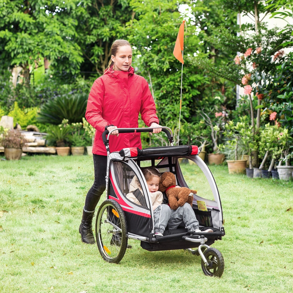 EasyComfort Rimorchio Bici per Bambini e Passeggino, Design 2 in 1 con Freno, Cintura a 5 Punti, Carrello Rimorchio per Bicicletta con Tasche Laterali, Catarifrangenti e Bandierina, Rosso