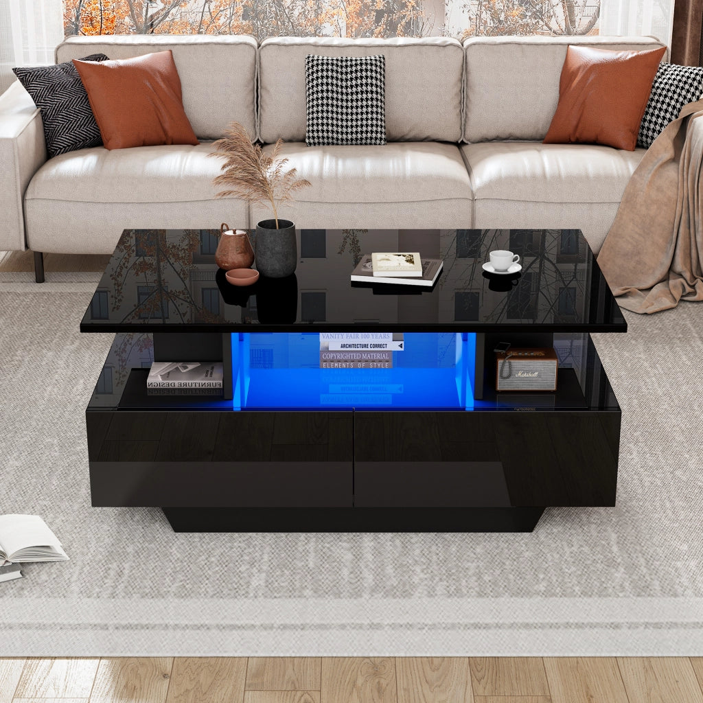 Tavolino da salotto con LED e 2 cassetti, finitura lucida, per soggiorno, in pannello truciolare nero, 90 × 55 × 41 cm