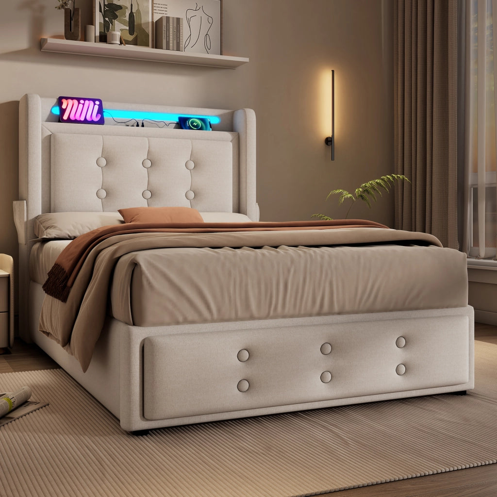 Letto singolo imbottito 90 ¡Á 200 cm con materasso contenitore LED prese USB e Type C tessuto cotone lino beige