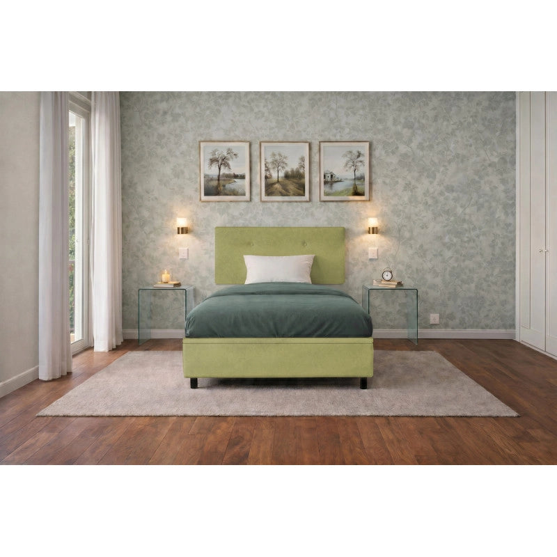 Letto imbottito Singolo 80x190 cm Button - Contenitore,Microfibra,Tè verde