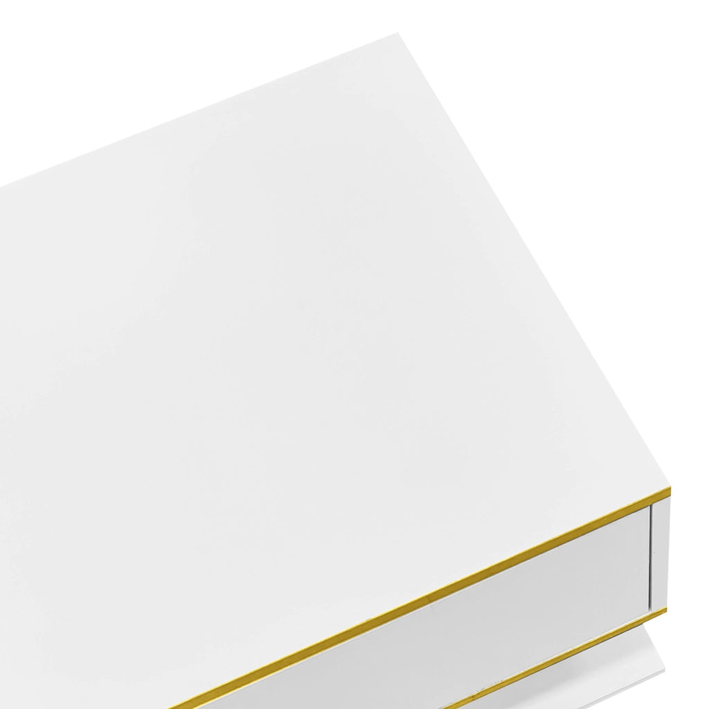 Tavolino da caffè LED 100x50x40 cm con 3 cassetti; bianco lucido e oro