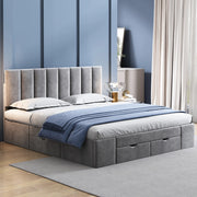 Letto imbottito in velluto grigio 160x200 cm con rete a doghe e 4 cassetti YEAVIO