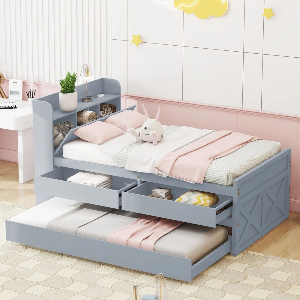 Letto Singolo con Rete a Doghe Cassetto e Comodino ¨C Minimal ¨C Grigio Legno Pino Massello 90x190cm