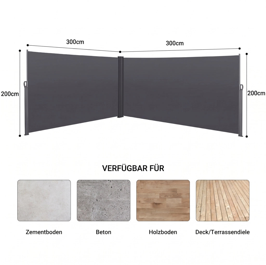 Tenda Laterale Estensibile 200x600 cm per Balcone, Giardino e Terrazza, Protezione Solare e Vento, Colore Grigio